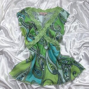 y2k Top Green Excellent Paisley Lace Trim Mesh Sleeveless V-Neck Obe XL